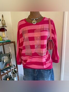 Hot Pink Striped Crop Dolman Sleeve Jersey Top w Kangaroo Pocket by Hard Candy